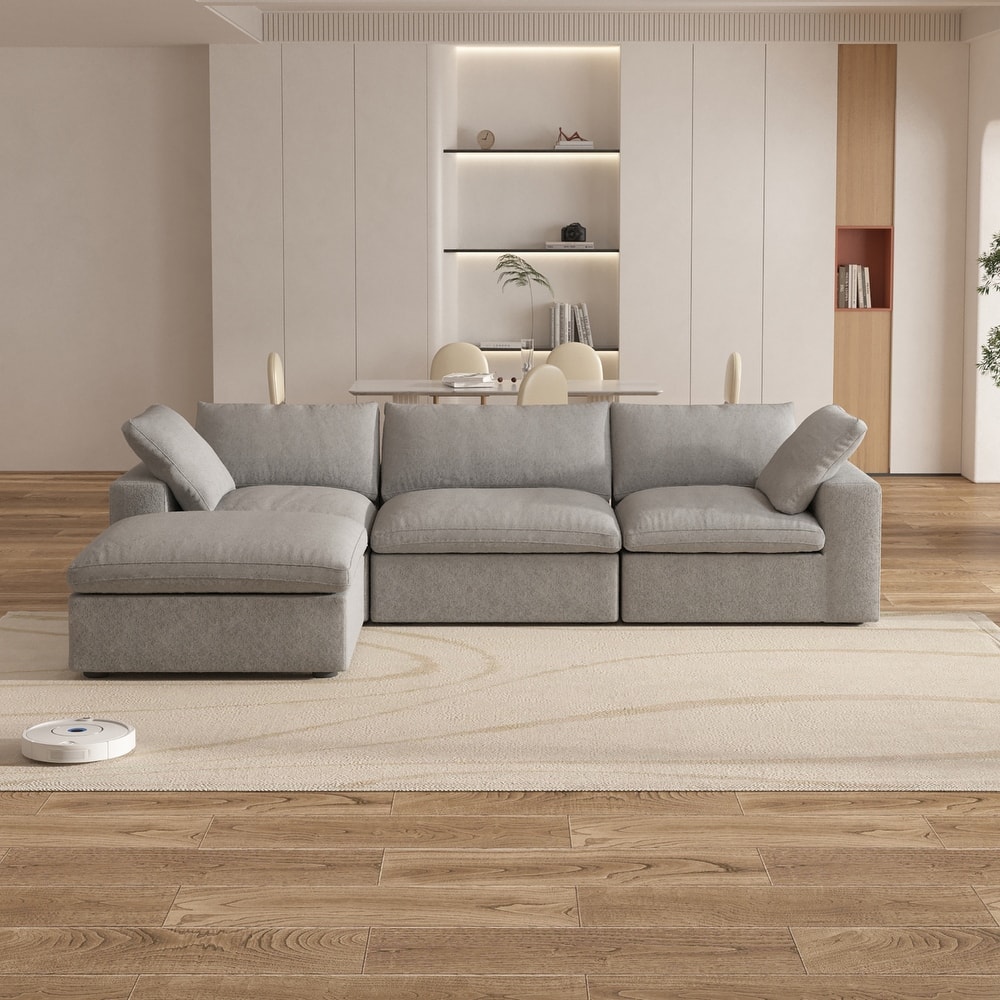 Modern Down Filled Modular 4 Piece Sectional Sofa L-shape Linen Upholstered Couch with Storage Ottoman