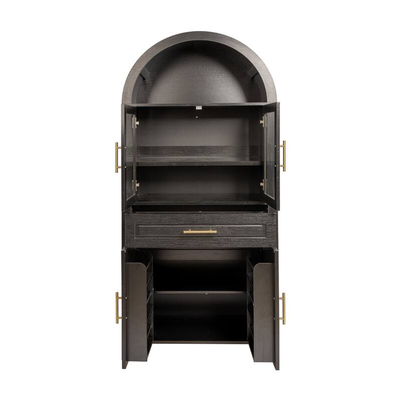 Arched Kitchen Pantry Cabinet, Storage Cabinet with Large Drawers, Display Cabinet with Glass Doors & Adjustable Shelves