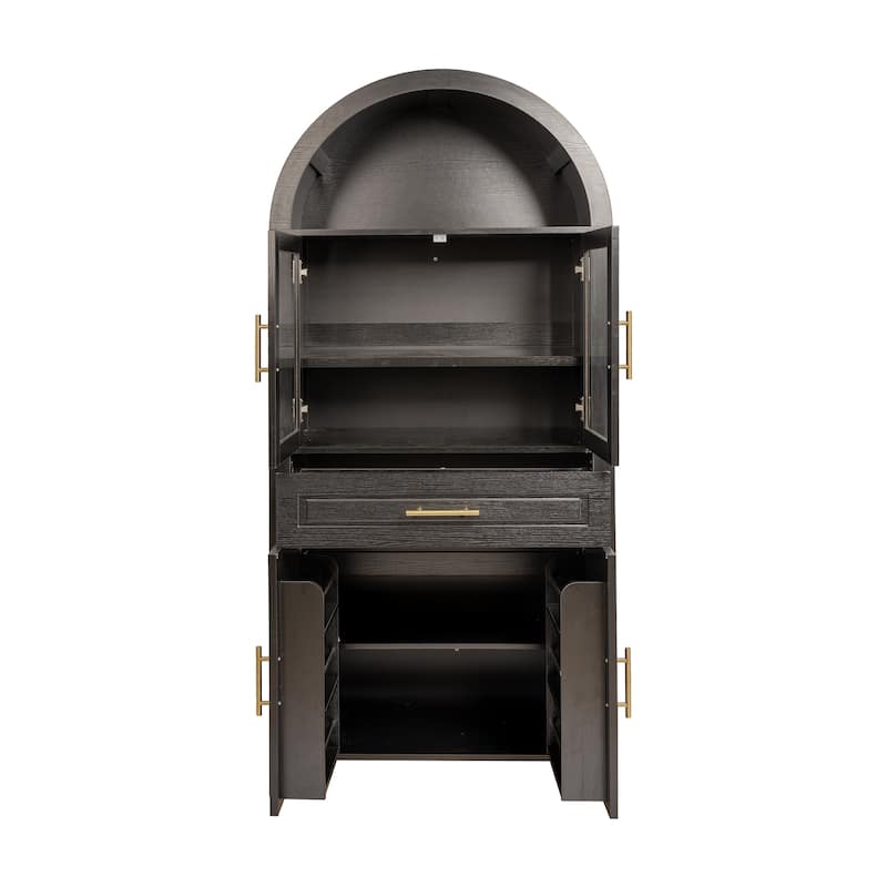 Arched Kitchen Pantry Cabinet with Glass Door, Farmhouse 71" Storage Cabinet with Adjustable Shelves & Barn Door Design