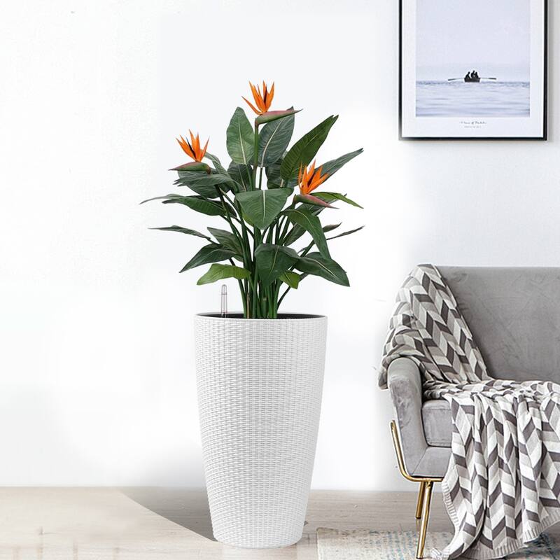 Set of 2 Faux Rattan Tall Planters Outdoor Indoor Large Planters with Water Level Monitor Inner Bucket