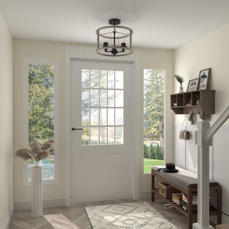 Farmhouse Rustic 3-light Drum Semi-flush Chandelier with Cylinder Glass - 15