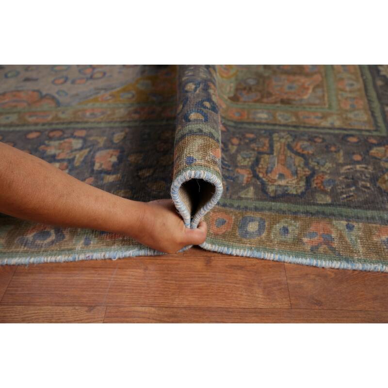 Distressed Tabriz Vintage Persian Area Rug Handmade Grey Wool Carpet - 9'10" x 12'10"