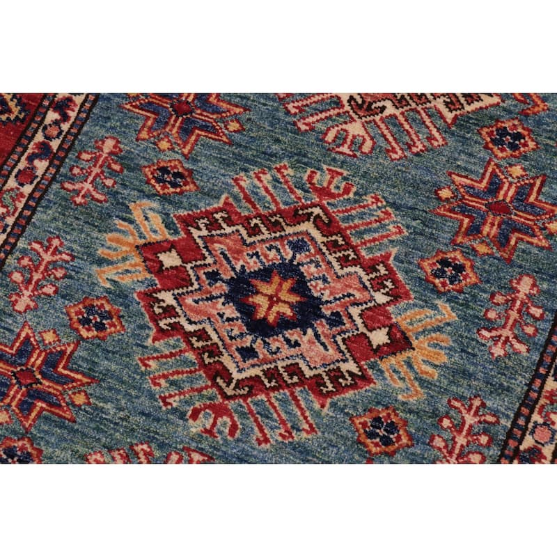 Tribal Super Kazak Sage Green/Red Hand Knotted Wool Rug - 3'0'' x 4'0''