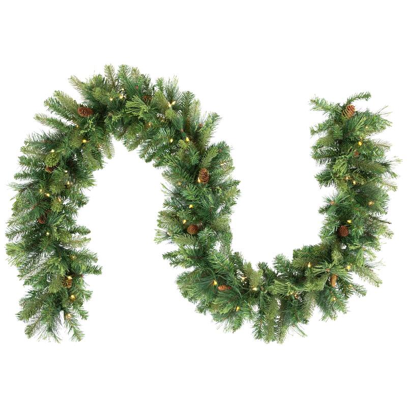 Pre-Lit Flocked Mixed Pine and Pine Cones Artificial Christmas Garland - 9' x 14" - Clear Lights