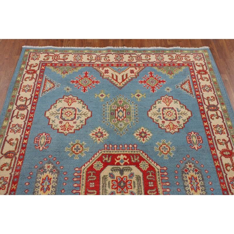 Light Blue Geometric Kazak Area Rug Hand-Knotted Oriental Wool Carpet - 4'3" x 6'4"