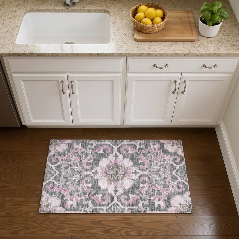 Premium Washable Super Soft Raj Traditional Mayfield Rug - Pink - 1'8" x 2'6"