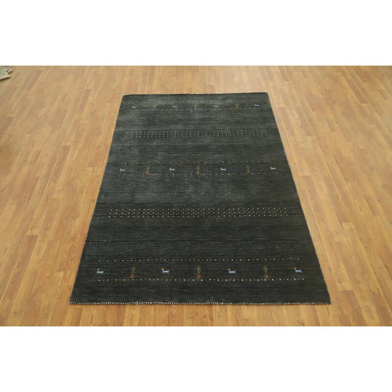 Hand Knotted Oriental 100% Wool Carpet Tribal Animal Pictorial Greys & Charcoal Gabbeh Area Rug - 7' 9'' X 4' 11''