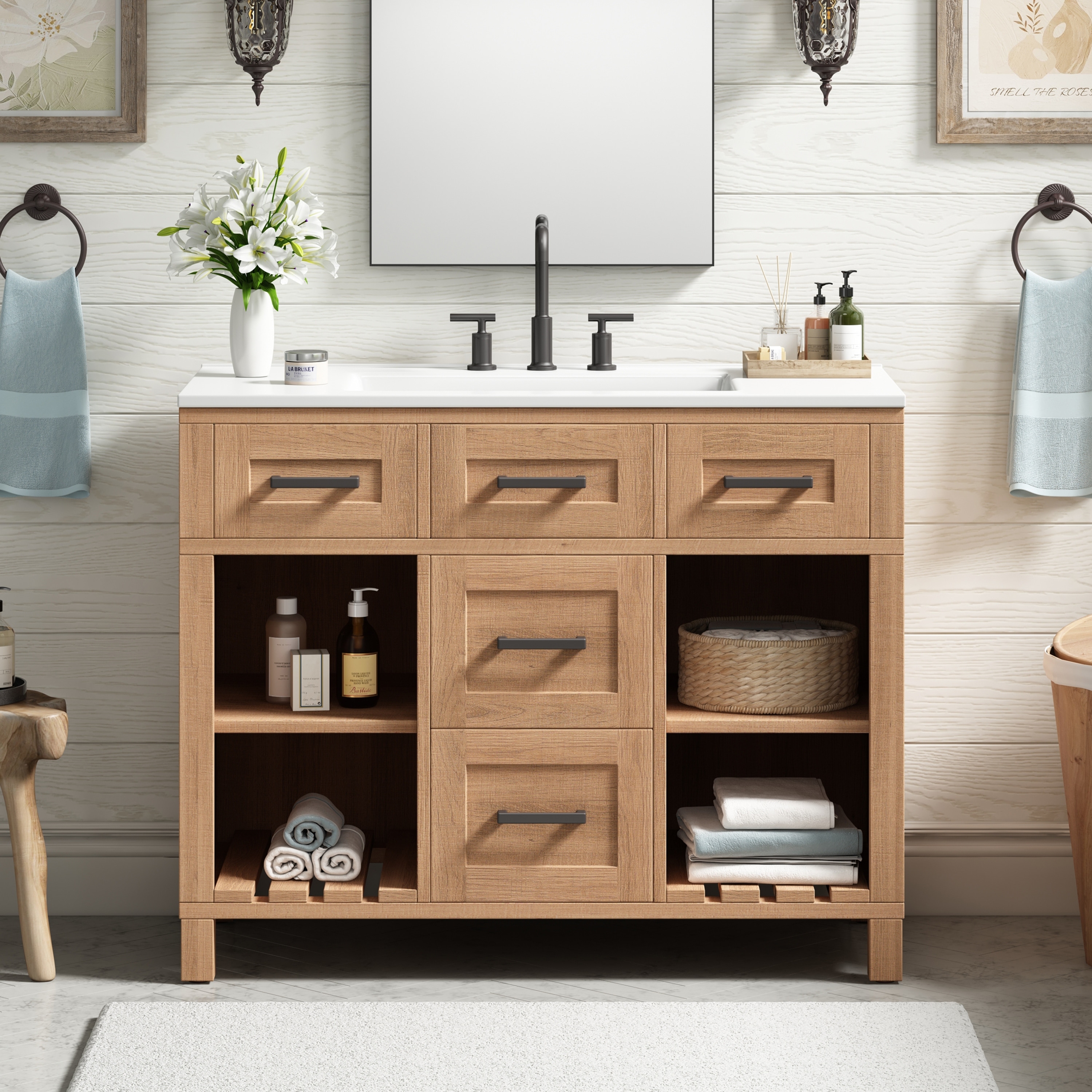 Christopher Knight Home - Modern Freestanding Bathroom Vanity with Resin Sink, Adjustable Shelves & Multi-Zone Storages