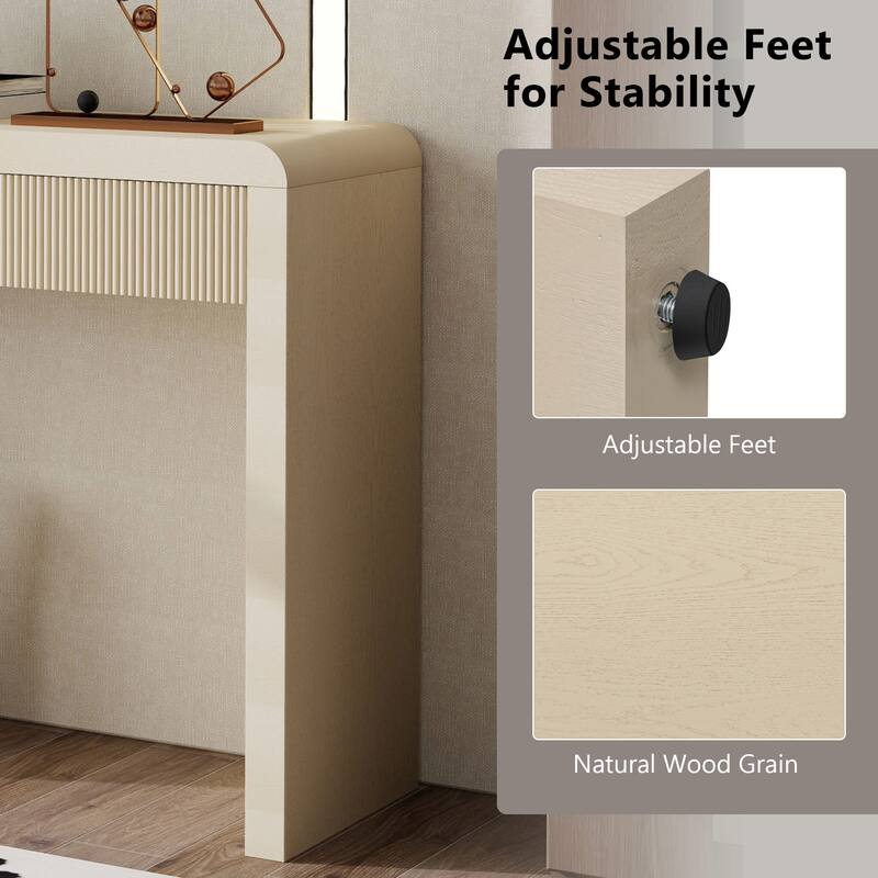 Curved Console Table with 3 Fluted Drawers, Solid Wood Veneer Entryway Table, Living Roomn Accent Table Hallway Side Table