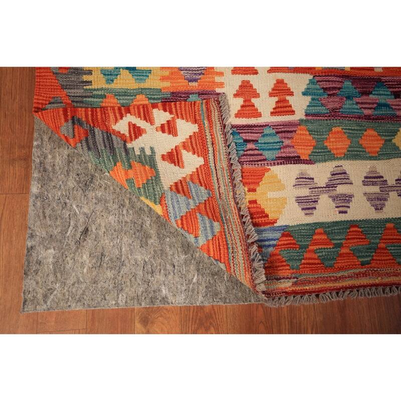 Kilim Oriental Area Rug Flatweave Geometric Orange Wool Carpet - 8'2" x 11'5"