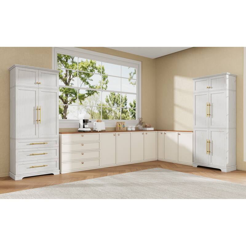 Roomfitters 78" Tall Farmhouse Kitchen Pantry Cabinet with 8 Door Shelves & 3 Large Drawers