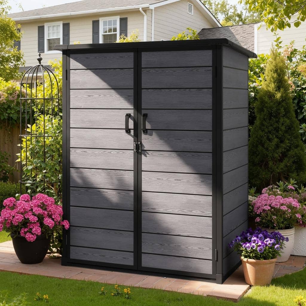 4.6FT×5.6FT Outdoor Resin Storage Shed with Floor, 2-Tier Shelving, Wood Grain Finish & Pitched Roof