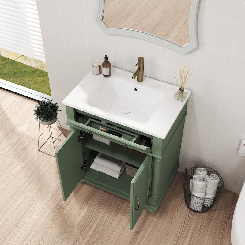 28"/36" Bathroom Vanity with Sink, Integrated Ceramic Basin Vanity Cabinet with Roman Column Base, Solid Wood Frame
