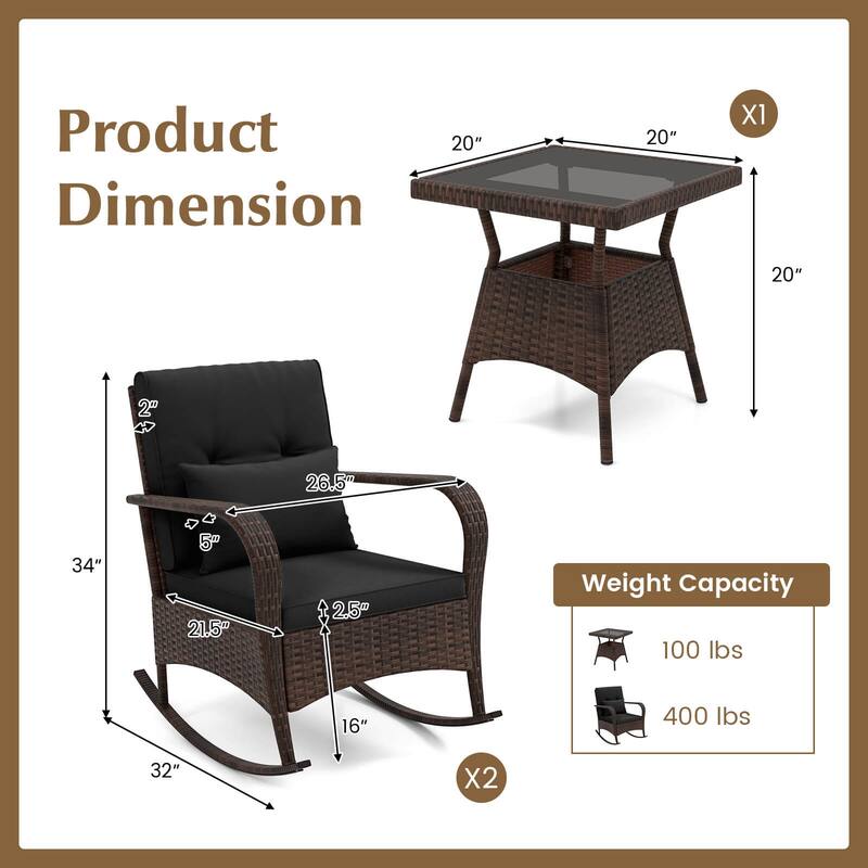 Costway 3 PCS Rocking Bistro Set with Removable Cushions & Tempered - See Details
