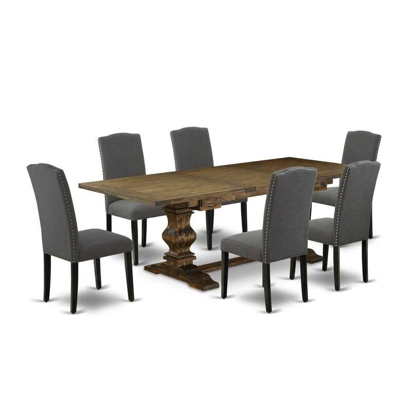 Modern 7-Piece Dining Set - Kitchen Table with 6 Parsons Chairs - Dark Gray Fabric - Distressed Wood Finish - 92