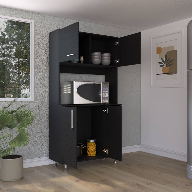 Kitchen Pantry Double Door Cabinet, Four Legs, Three Shelves - Black