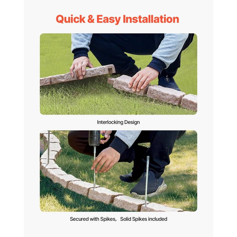 Brown Plastic Stone Landscape Edging 4 Pack with Stakes for Garden Borders - 46.46 × 3.74 × 2.24 in