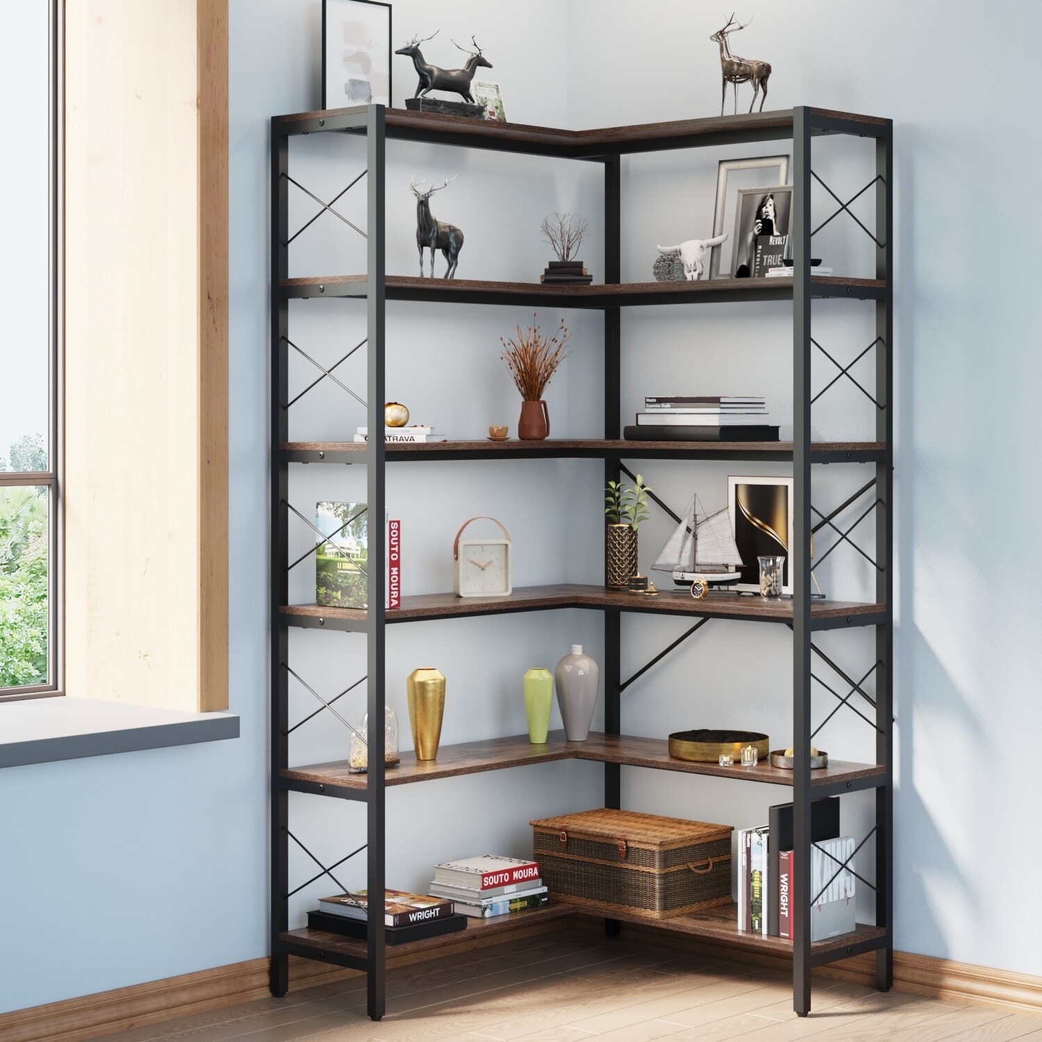口コミ・レビュー評価が高いおすすめ人気商品の通販 6-Shelf Corner Shelf Corner Industrial Vintage Bookcase, 冷蔵庫