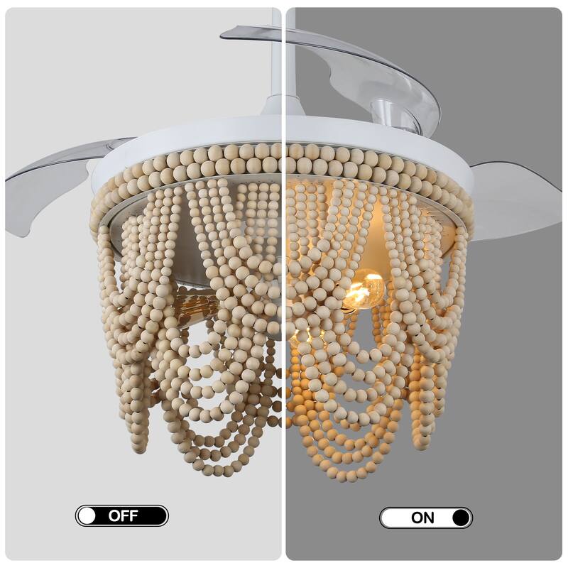 Cusp Barn 42 Inch Boho Retractable Ceiling Fan with Remote, Coastal 6 Speeds Fandelier, Farmhouse Caged Wood Beaded Ceiling Fan