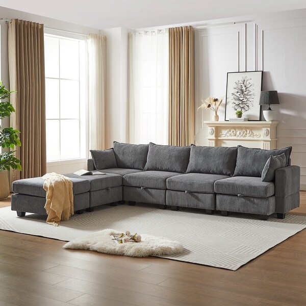 6 Pcs Modular Sectional Sofa Couch Set 6 Seat Convertible Corduroy Sofa Bed with Storage Seats 2 Storage Ottomans Dark Grey