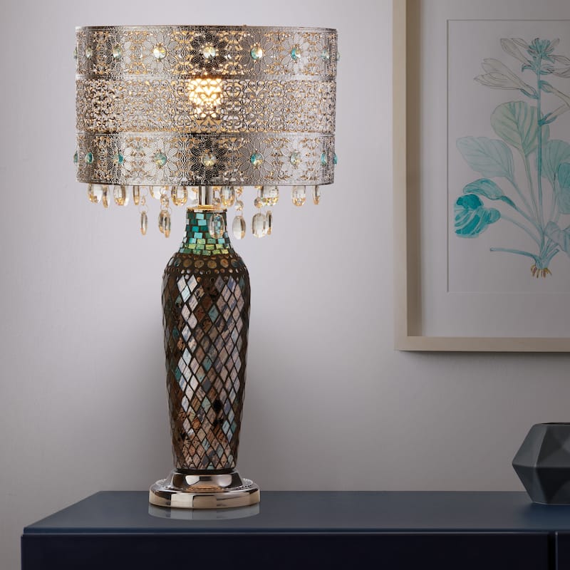 Metal Mosaic Hanging Glass Crystal Table Lamp - 13"L x 13"W x 24.25"H