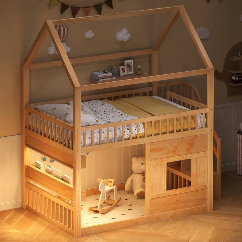 Roomfitters Full Size Wood House Loft Bed with Storage Stairs and Built-in Shelving, Modern Space-Saving Sleep Space