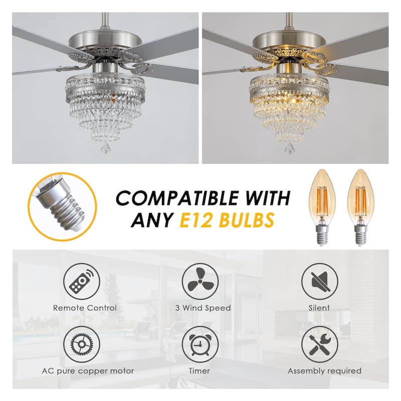 52"/62" Modern Crystal Chandelier Ceiling Fan Light,Reversible Airflow,E12 Bulbs,for Bedroom,Kitchen,Patio