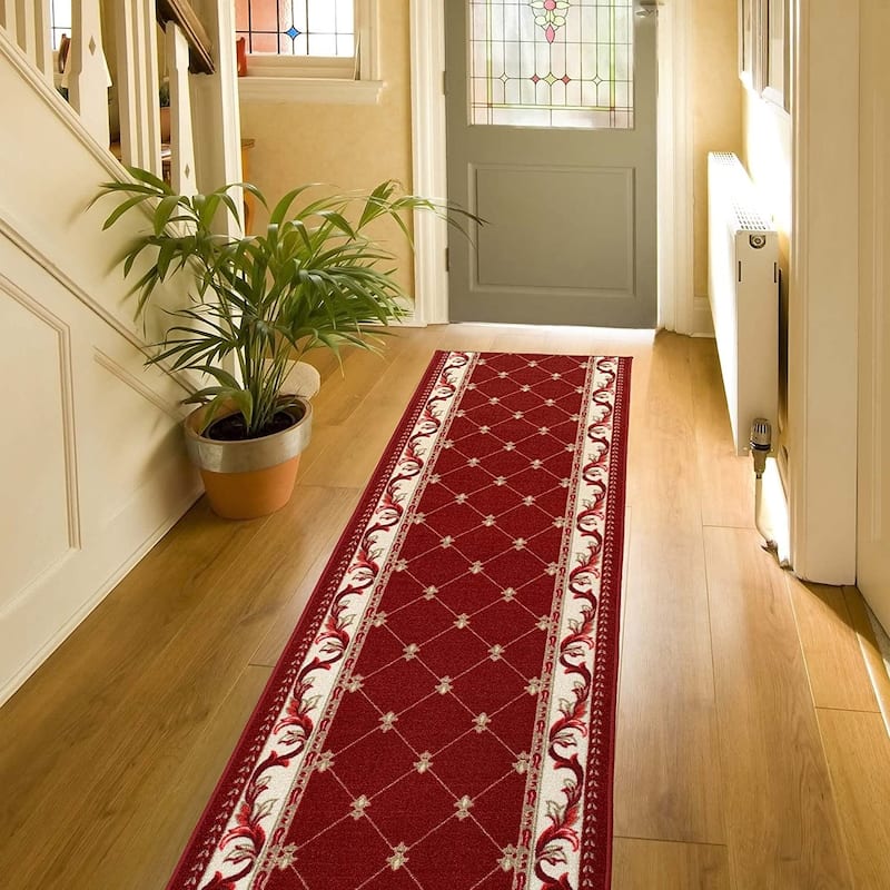 Custom Size Trellis French 31 Inch Wide Non-Slip Stair Runner Rug - 10 Feet - Red