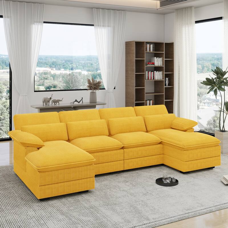 111.8" U-Shaped Cloud Sectional, 4-Seater Corduroy Upholstered Sectional with Recliner and Cushions