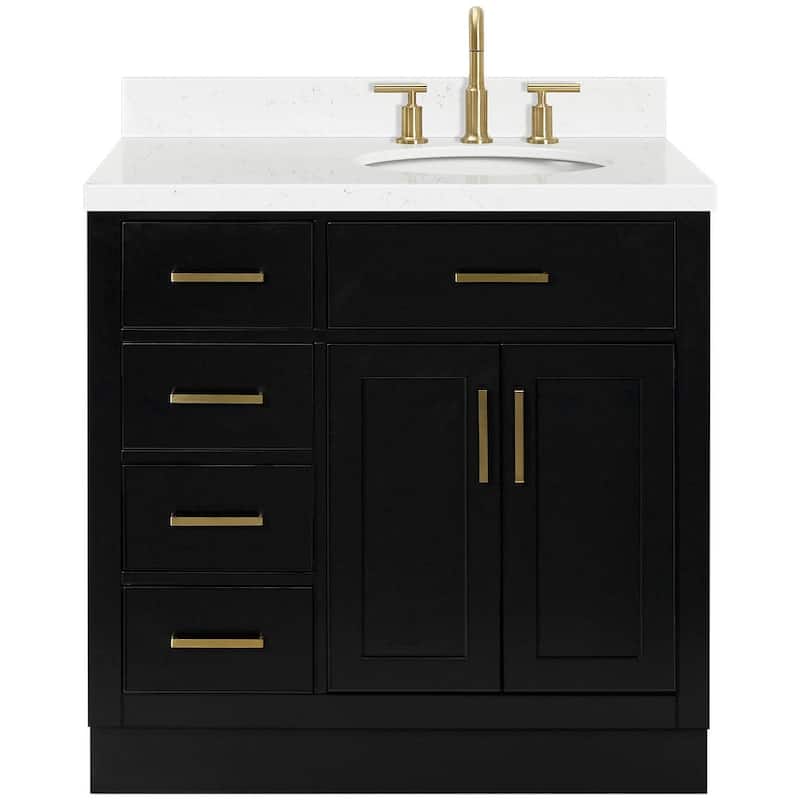 Ariel T036SRCQOVO Hepburn 36" Free Standing Single Oval Basin Vanity - Black / Carrara White Quartz / Satin Brass