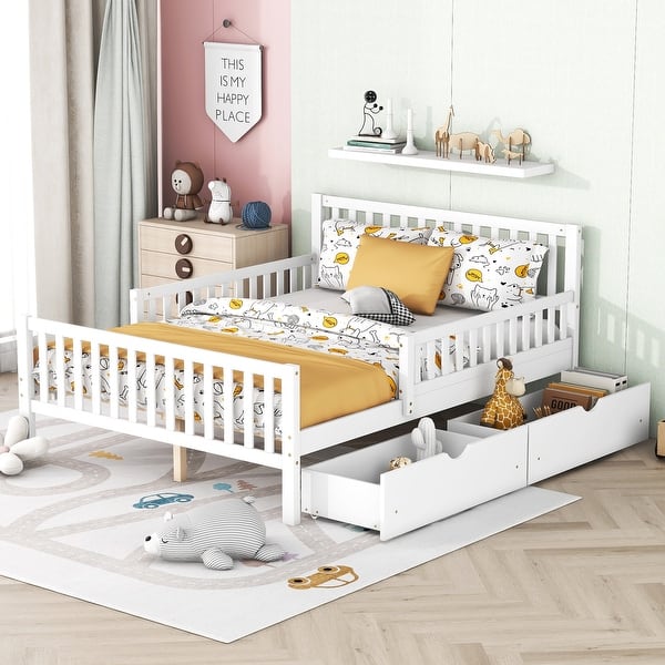 slide 2 of 81, Wooden Platform Bed Underbed Storage Bed with Sides Guardrails Spindle Headboard and 2 Drawers 8.98 inch Storage Underneath