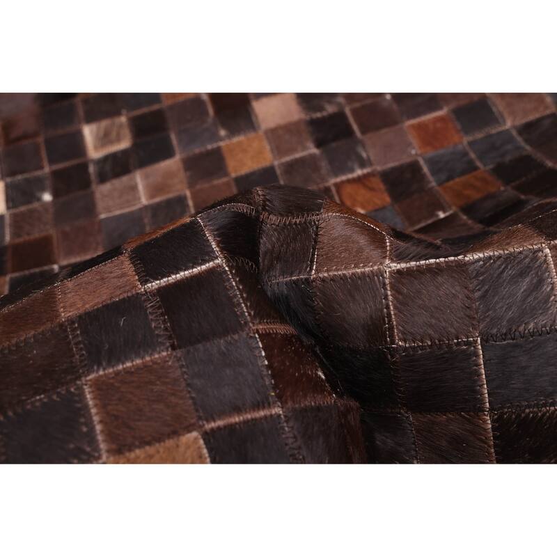ECARPETGALLERY Handmade Cowhide Patchwork Dark Brown Leather Rug - 5'0 x 5'0