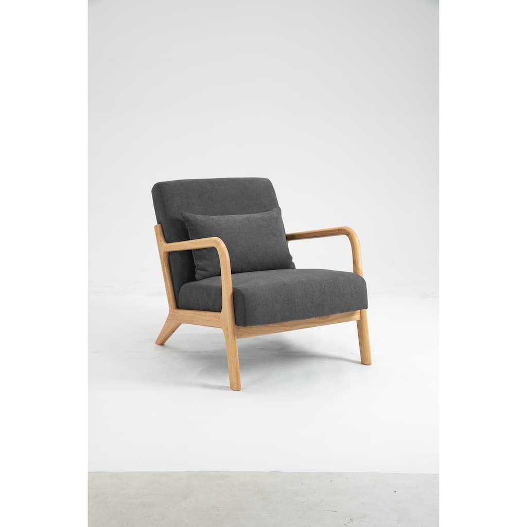 Mid Century Modern Accent Chair with Wood Frame, Upholstered Living Room Chairs with Waist Cushion, Reading Armchair