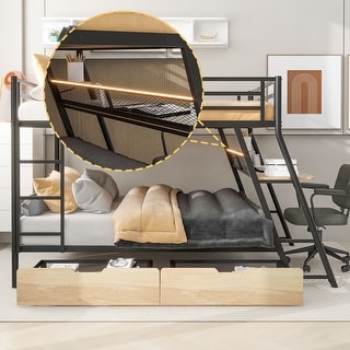 Metal Full Over Full Size Bunk Bed with Built-in Desk and Guard, Full Bunk Bedframe w/ Light Strip and 2 Drawers for Bedroom