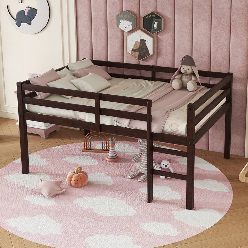 Solid Rubberwood Loft Bed Frame with Ladder, Guardrails and Underbed Storage Space - Low Height Design for Kids and Teens - Espresso - Full