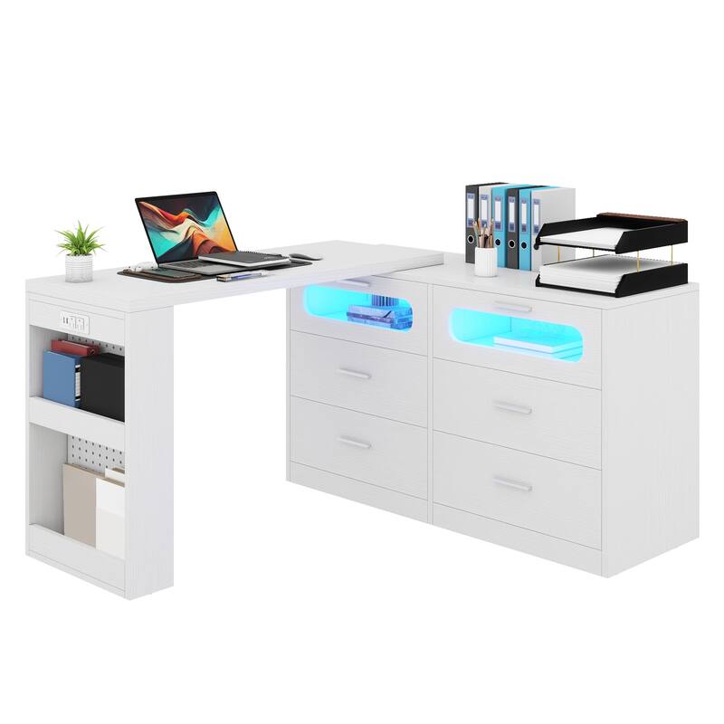 Moasis Modern L-Shaped Corner Rotating Computer Desk Dresser Desk with 6 Drawers