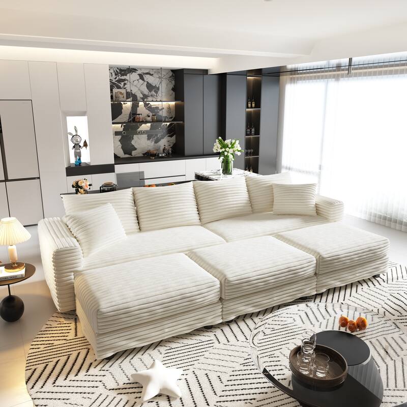 Modern Corduroy Upholstered Sectional Sofa for Living Room, Square Armrest Couch with 3 Ottomans, Convertible Lounge Chair - Beige