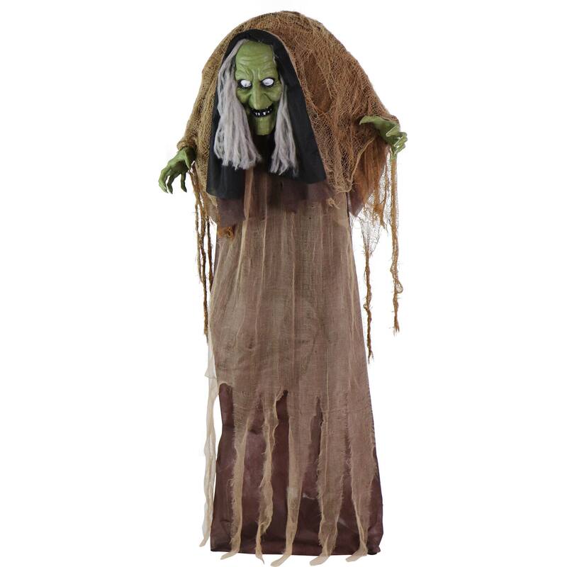 Haunted Hill Farm Animatronic Talking Hunchback Witch with Movement and Lights for Scary Halloween Decoration
