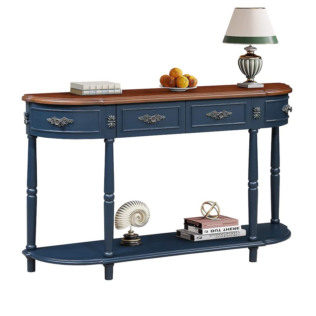 Anmytek Retro Curved Wood Console Table, Navy Blue Wood Top Solid Wood Entry Table with Open Shelf and 2 Drawers