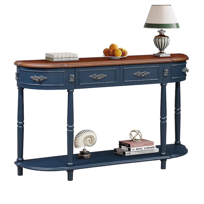 Retro Curved Wood Console Table with Open Shelf, Navy Blue Entryway Table Sofa Table Hallway Table with Drawers