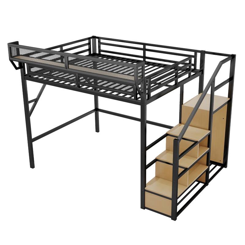 Metal Queen Loft Bed with Stairs Storage Shelves & Wardrobe for Kids Teens Adults - Black