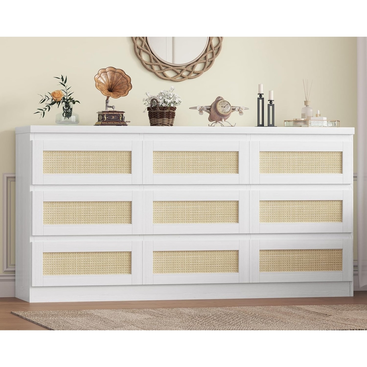 9 Drawer Dresser with Charging Station, Farmhouse Wood Chest of Drawer with Strong Base