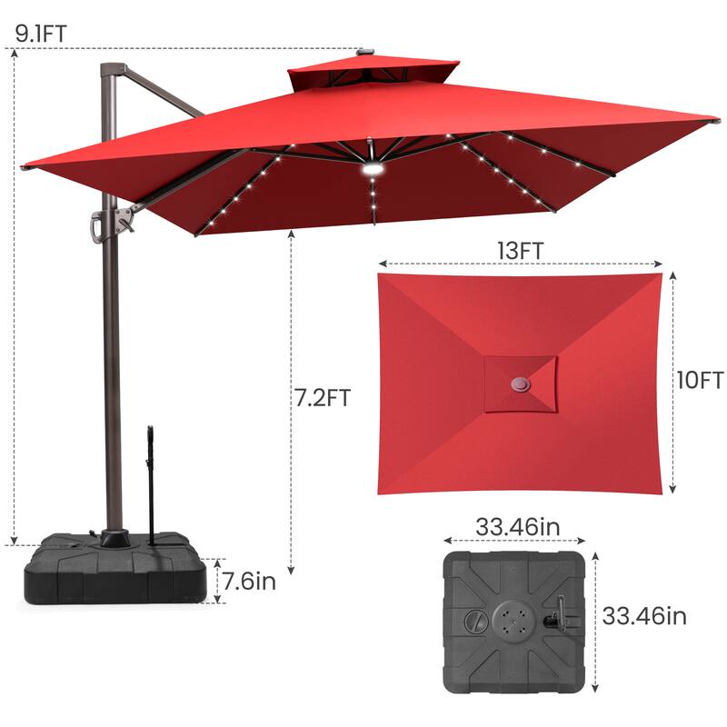 13 x 10 FT Double Top Solar powered LED Patio Cantilever Umbrella Aluminum with Base