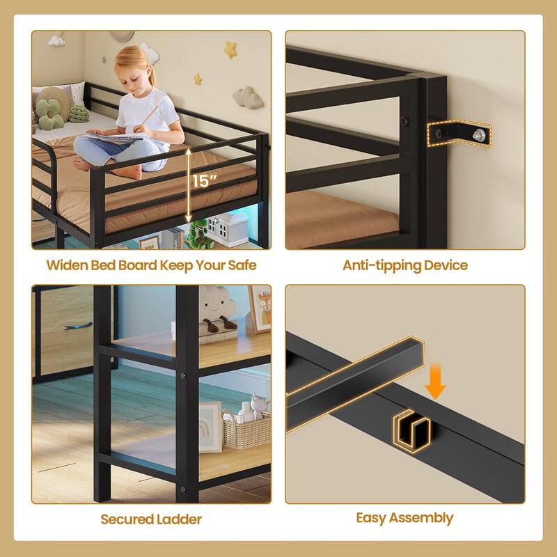 Twin Size Low Loft Bed with 6 Fabric Storage Drawers LED Lights