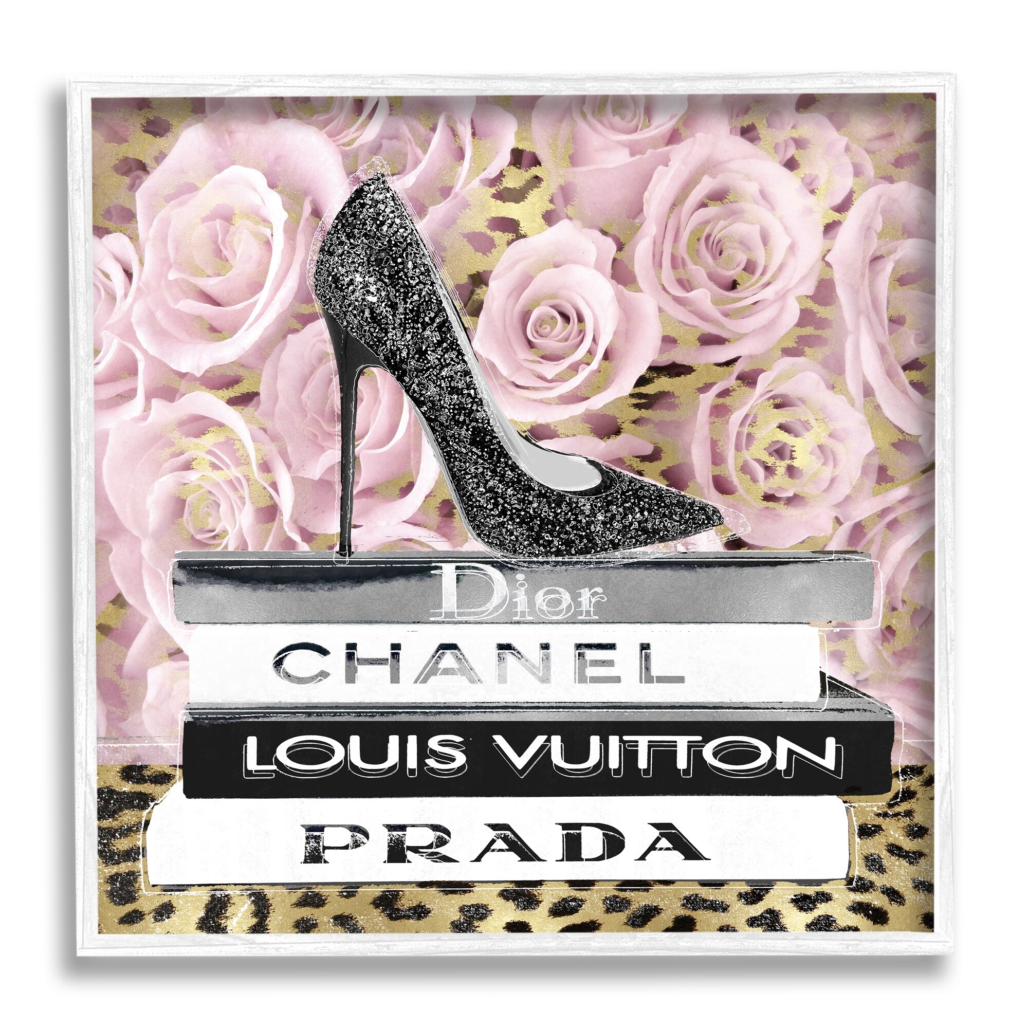 Stupell Glam High Heel Shoe Fashion Book Stack Cheetah Framed Wall Art - Black