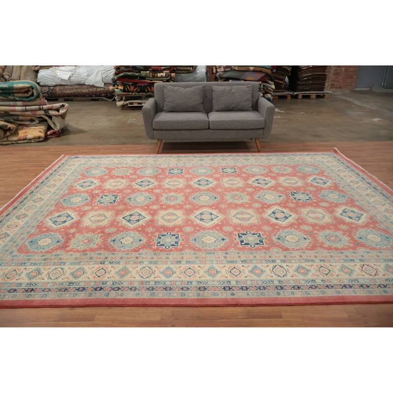 Hand Knotted Oriental 100% Wool Carpet Traditional Geometric Pink Kazak Area Rug - 11' 9'' X 9' 1''