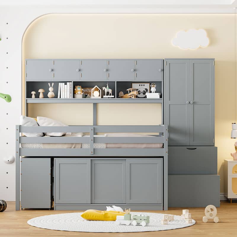 Wooden Loft Bed with Hidden-desk, Wardrobe, Drawers and Shelves