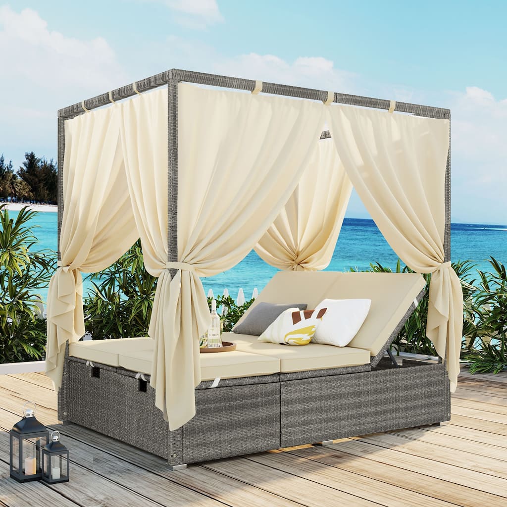 Roomfitters Modern Tropical PE Rattan Outdoor Double Sun Lounger, Patio Daybed, Adjustable Recline, Canopy