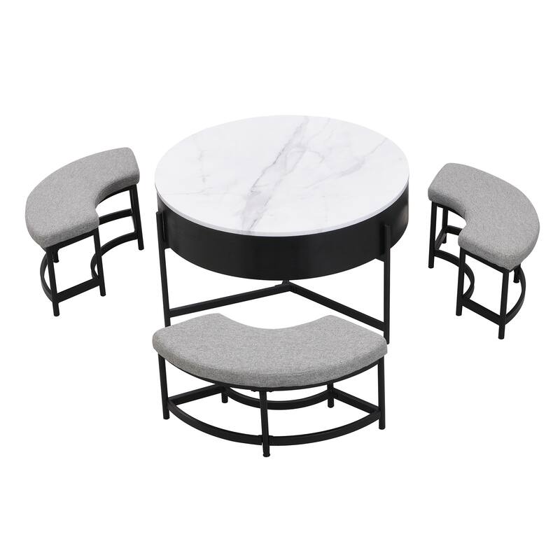 Round Lift-Top Coffee Table with Storage and 3 Ottoman