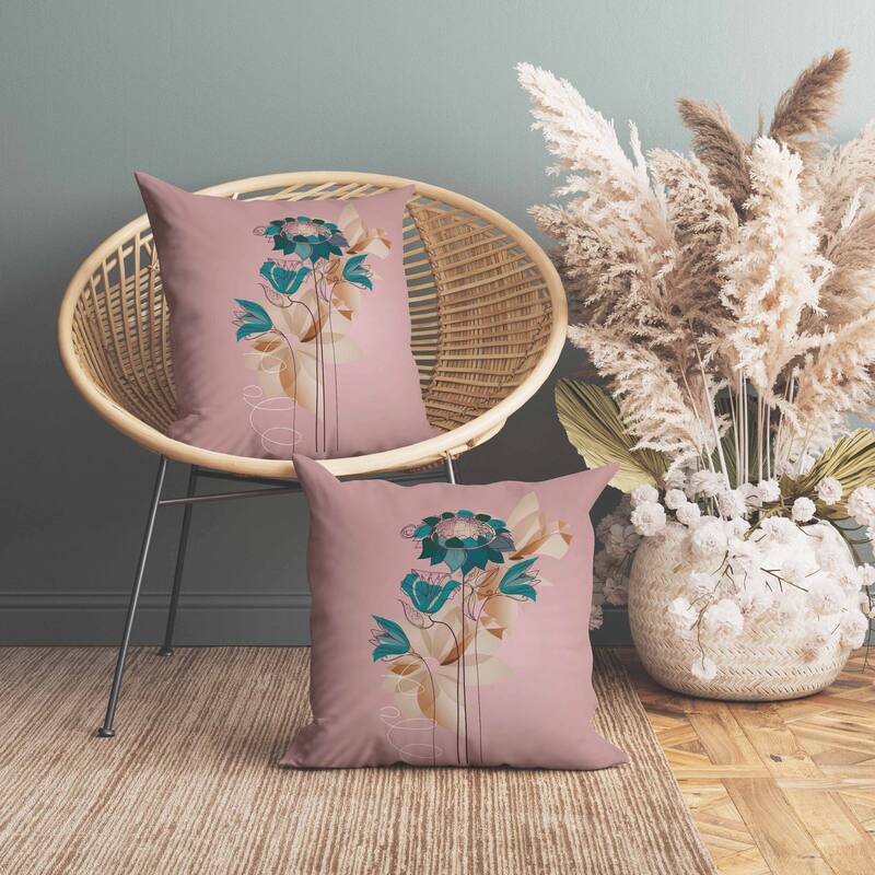 Flowers Line Art Faux Suede Reversible Throw Pillow Pink and Green